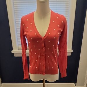 LOFT Coral and White Polka Dot Cardigan